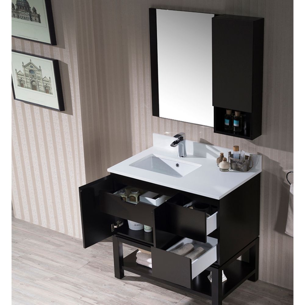 Monaco Modern 36" Espresso Left Bathroom Vanity Set with Mirror, Wall Cabinet and Wood Legs