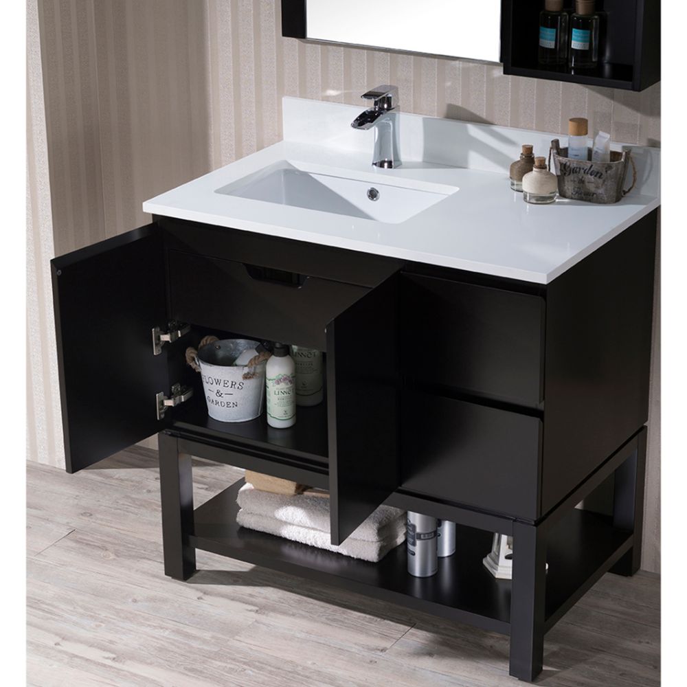 Monaco Modern 36" Espresso Left Bathroom Vanity Set with Mirror, Wall Cabinet and Wood Legs