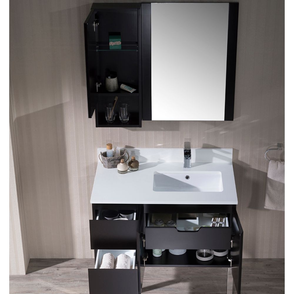 Monaco Modern 36" Espresso Right Bathroom Vanity Set with Mirror, Wall Cabinet and Chrome Legs