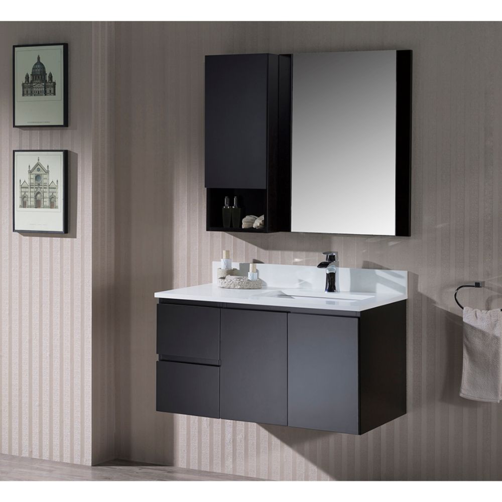 Monaco Modern 36" Espresso Wall Mount Right Bathroom Vanity Set with Mirror and Wall Cabinet