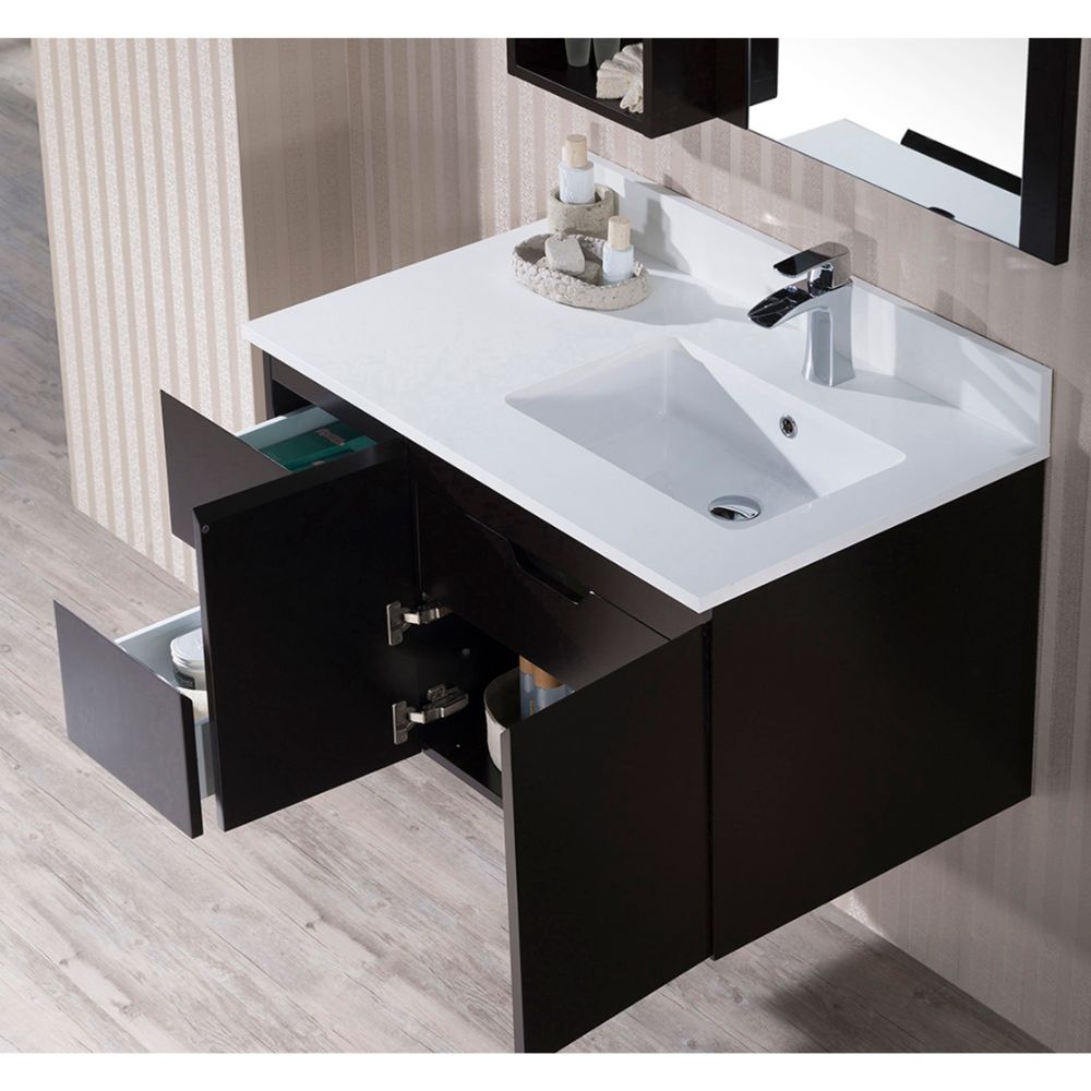 Monaco Modern 36" Espresso Wall Mount Right Bathroom Vanity Set with Mirror and Wall Cabinet
