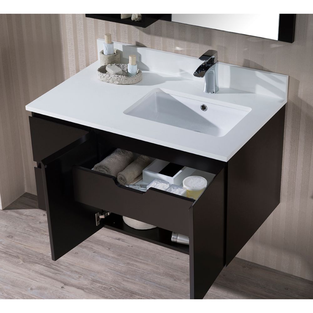 Monaco Modern 36" Espresso Wall Mount Right Bathroom Vanity Set with Mirror and Wall Cabinet
