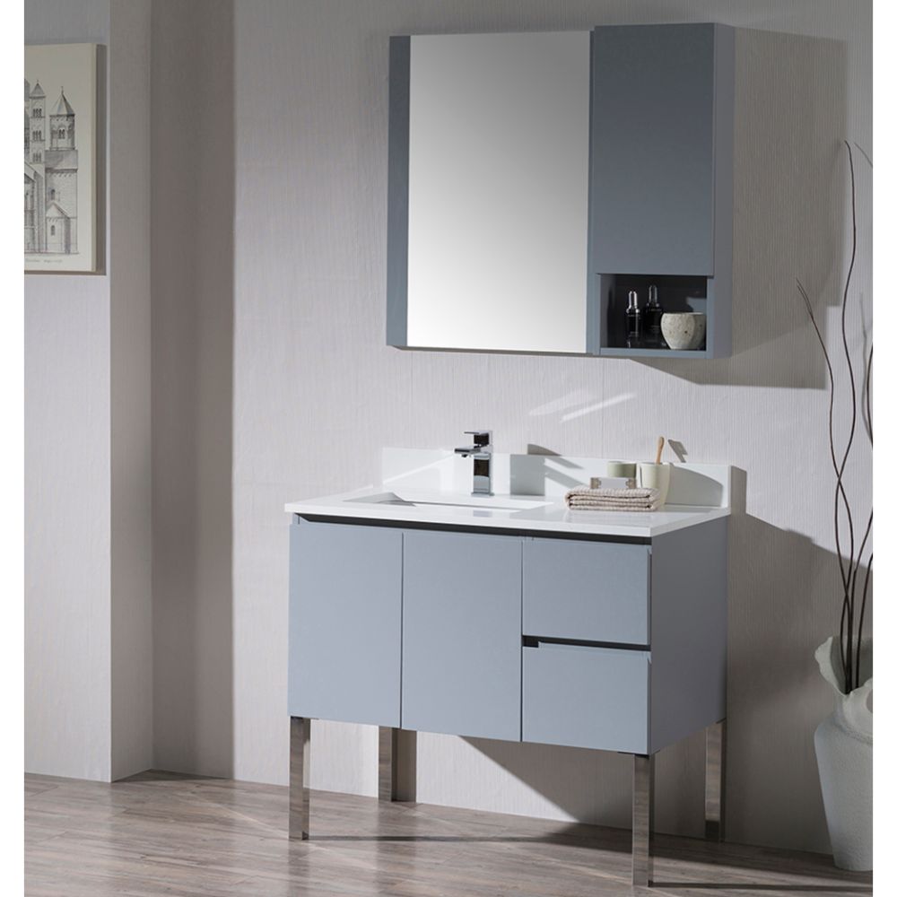 Monaco Modern 36" Metal Gray Left Bathroom Vanity Set with Mirror, Wall Cabinet and Chrome Legs