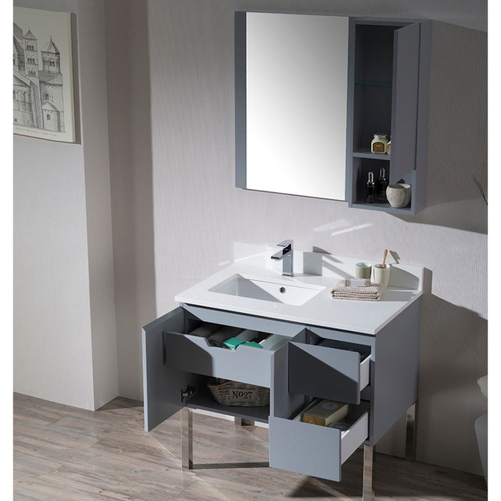 Monaco Modern 36" Metal Gray Left Bathroom Vanity Set with Mirror, Wall Cabinet and Chrome Legs
