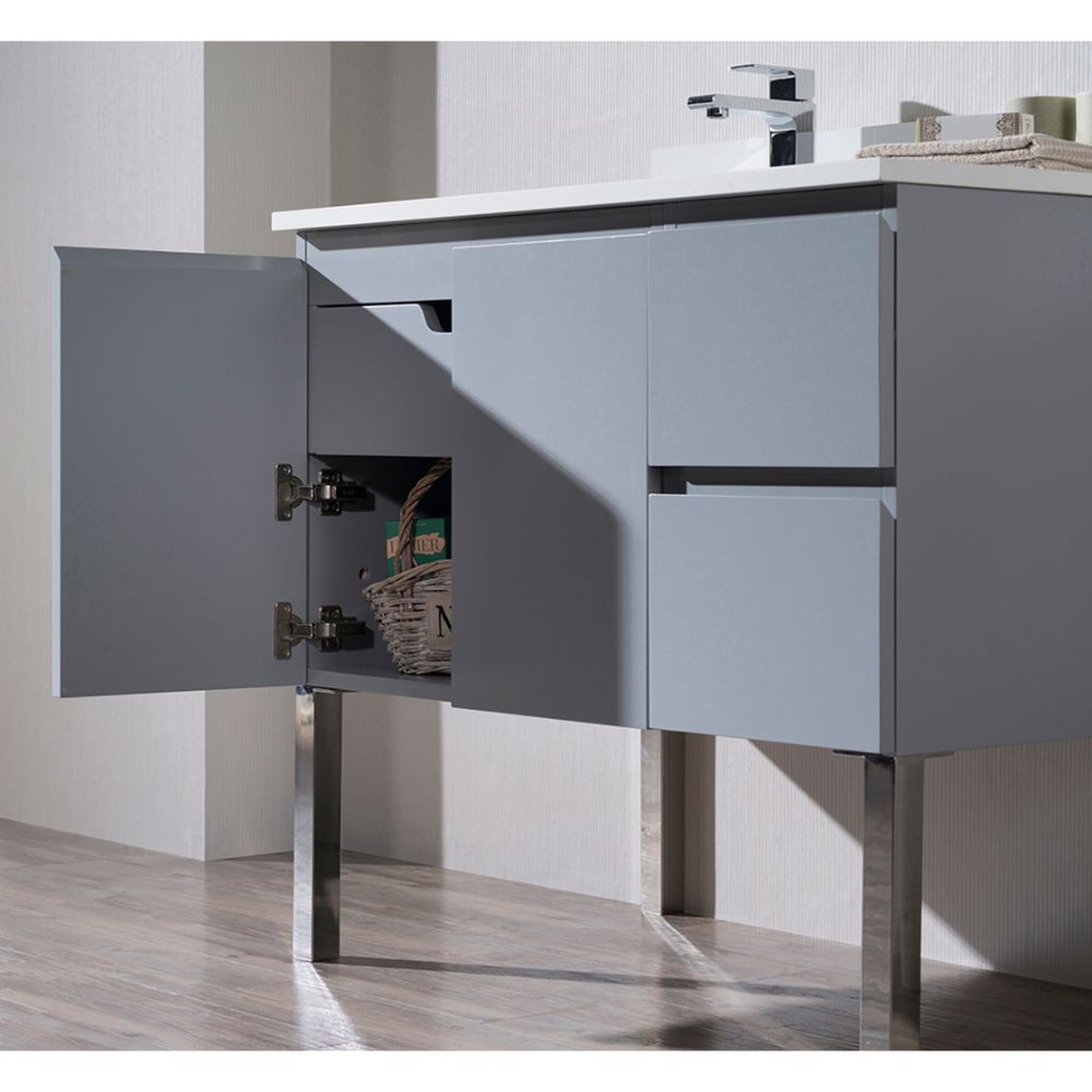 Monaco Modern 36" Metal Gray Left Bathroom Vanity Set with Mirror, Wall Cabinet and Chrome Legs