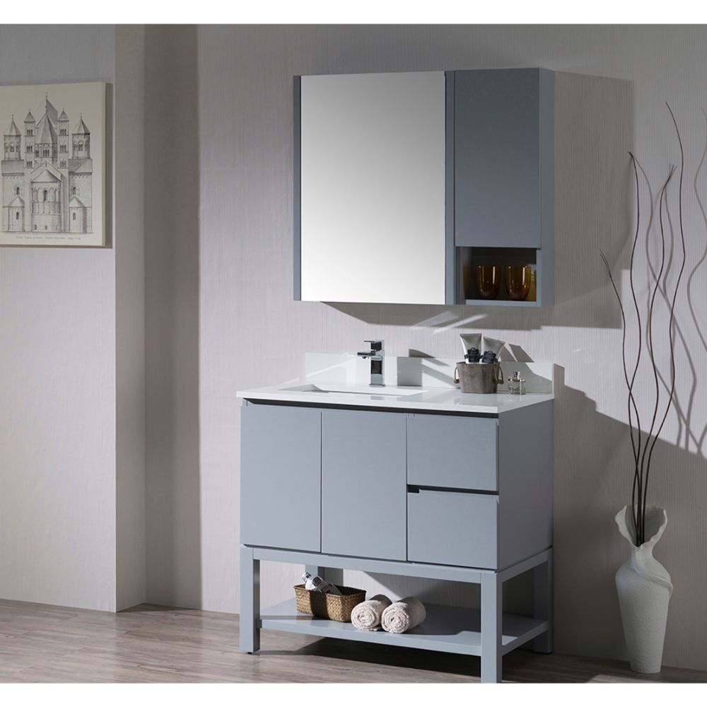Monaco Modern 36" Metal Gray Left Bathroom Vanity Set with Mirror, Medicine Wall Cabinet and Wood Legs