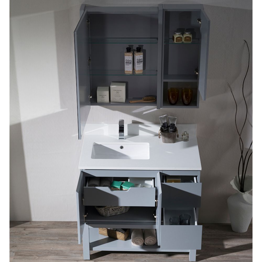 Monaco Modern 36" Metal Gray Left Bathroom Vanity Set with Mirror, Medicine Wall Cabinet and Wood Legs