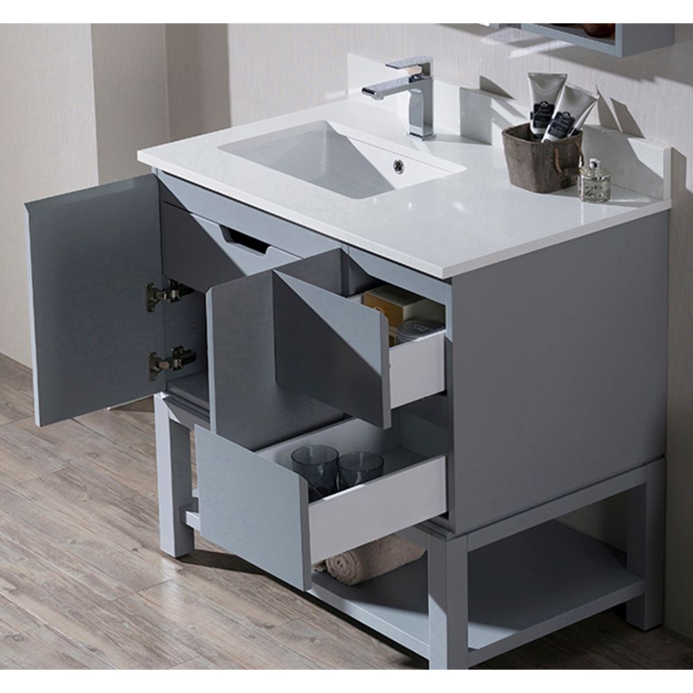 Monaco Modern 36" Metal Gray Left Bathroom Vanity Set with Mirror, Medicine Wall Cabinet and Wood Legs