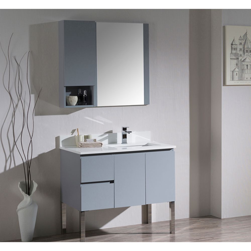 Monaco Modern 36" Metal Gray Right Bathroom Vanity Set with Mirror, Wall Cabinet and Chrome Legs