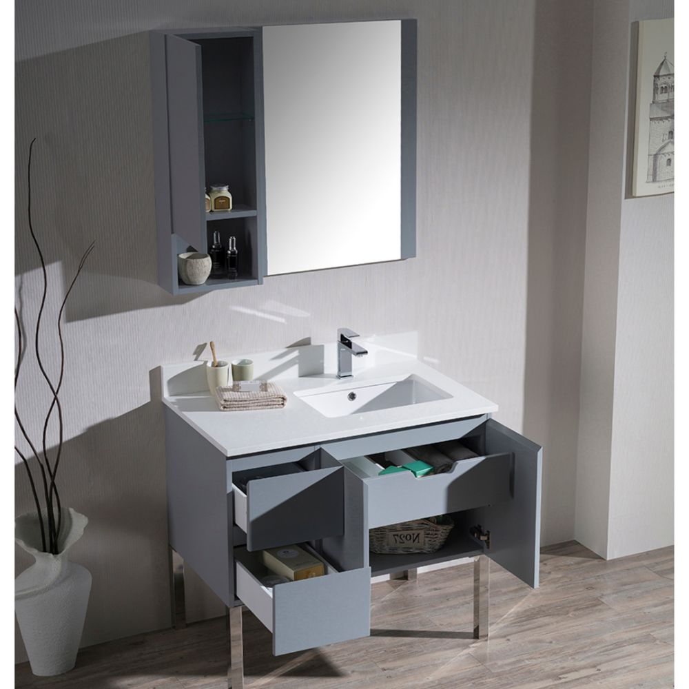 Monaco Modern 36" Metal Gray Right Bathroom Vanity Set with Mirror, Wall Cabinet and Chrome Legs