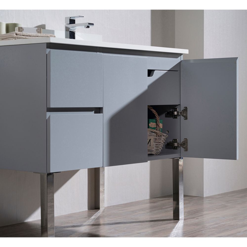 Monaco Modern 36" Metal Gray Right Bathroom Vanity Set with Mirror, Wall Cabinet and Chrome Legs