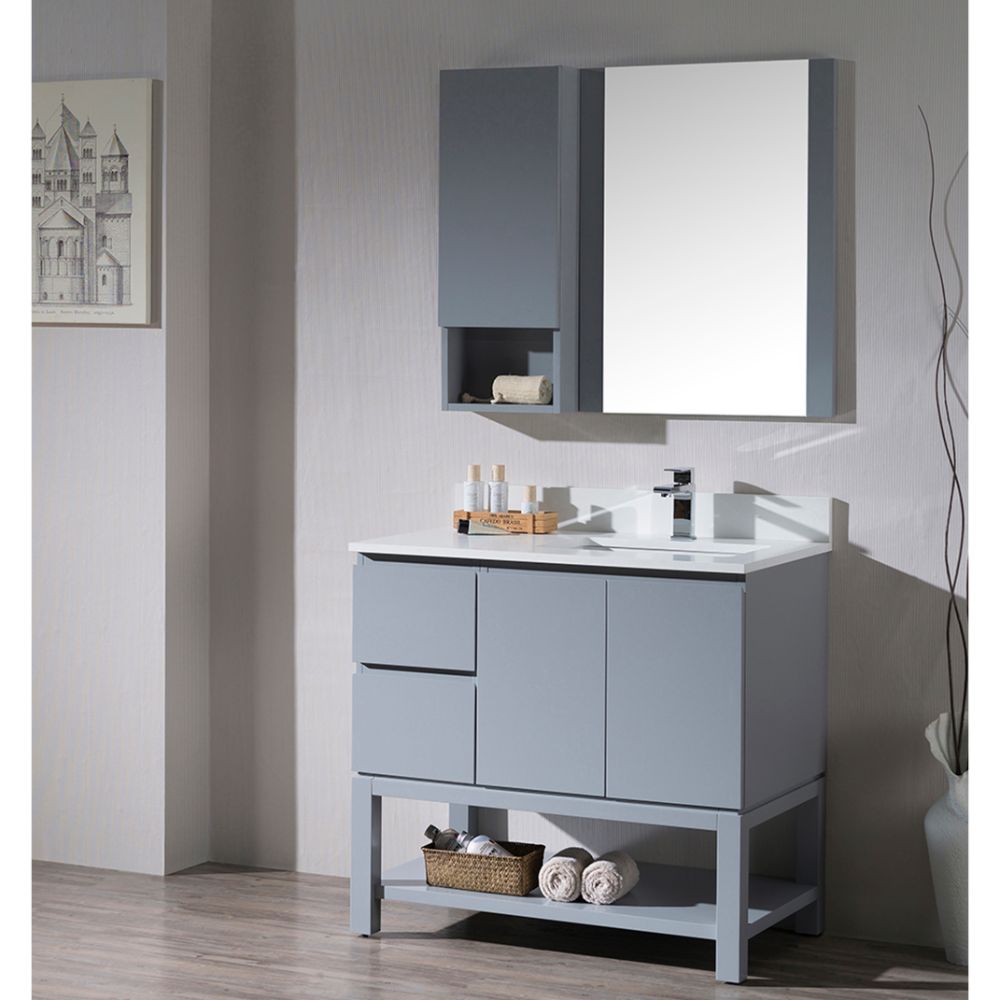 Monaco Modern 36" Metal Gray Right Bathroom Vanity Set with Mirror, Wall Cabinet and Wood Legs
