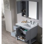 Monaco Modern 36″ Metal Gray Right Bathroom Vanity Set with Mirror, Wall Cabinet and Wood Legs