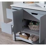 Monaco Modern 36″ Metal Gray Right Bathroom Vanity Set with Mirror, Wall Cabinet and Wood Legs
