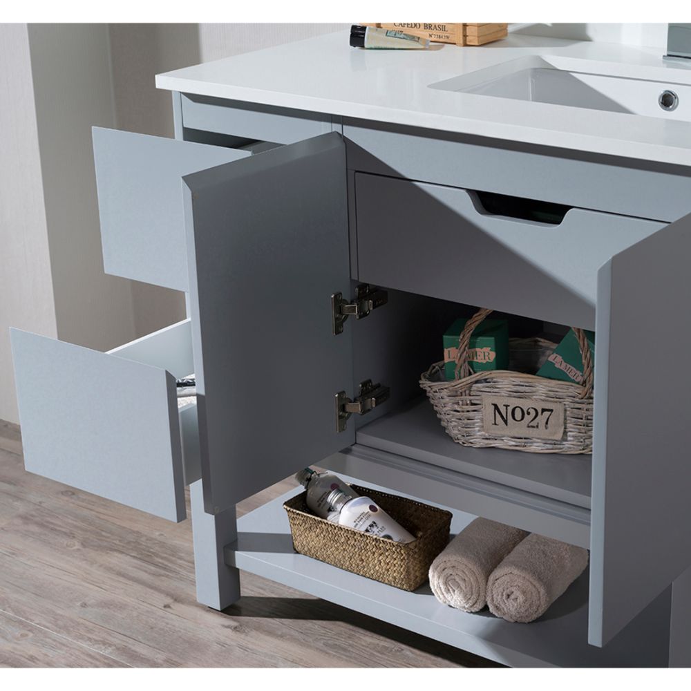 Monaco Modern 36" Metal Gray Right Bathroom Vanity Set with Mirror, Wall Cabinet and Wood Legs
