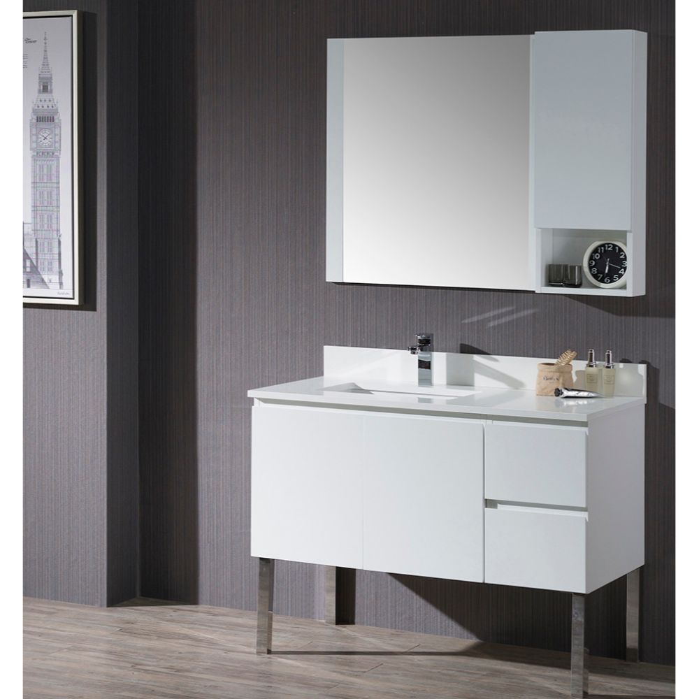 Monaco Modern 42" Matte White Left Bathroom Vanity Set with Mirror, Wall Cabinet and Chrome Legs