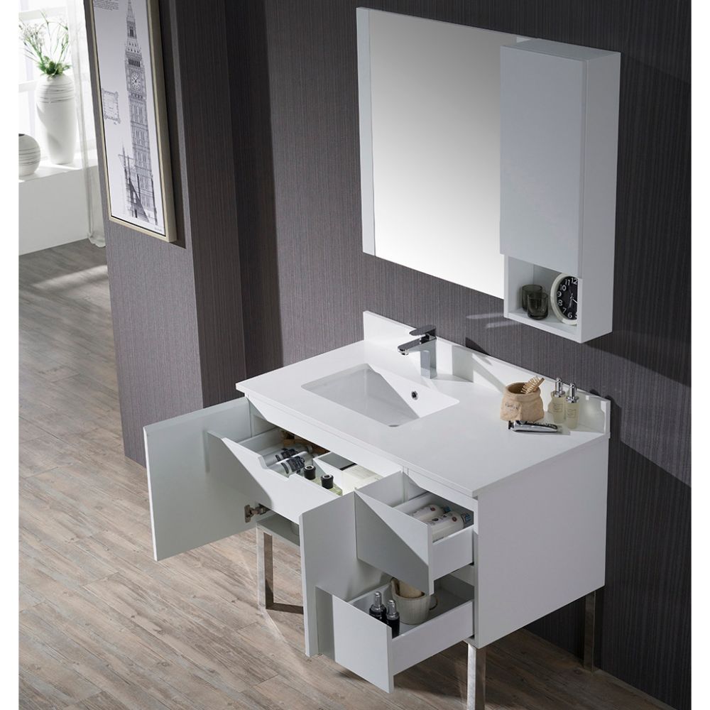 Monaco Modern 42" Matte White Left Bathroom Vanity Set with Mirror, Wall Cabinet and Chrome Legs