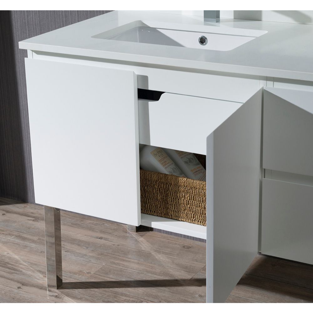 Monaco Modern 42" Matte White Left Bathroom Vanity Set with Mirror, Wall Cabinet and Chrome Legs