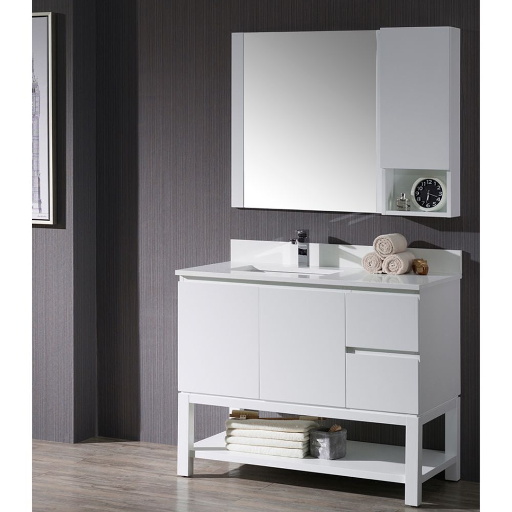 Monaco Modern 42" Matte White Left Bathroom Vanity Set with Mirror, Wall Cabinet and Wood Legs