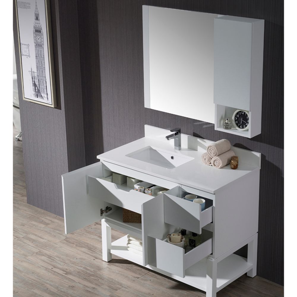 Monaco Modern 42" Matte White Left Bathroom Vanity Set with Mirror, Wall Cabinet and Wood Legs