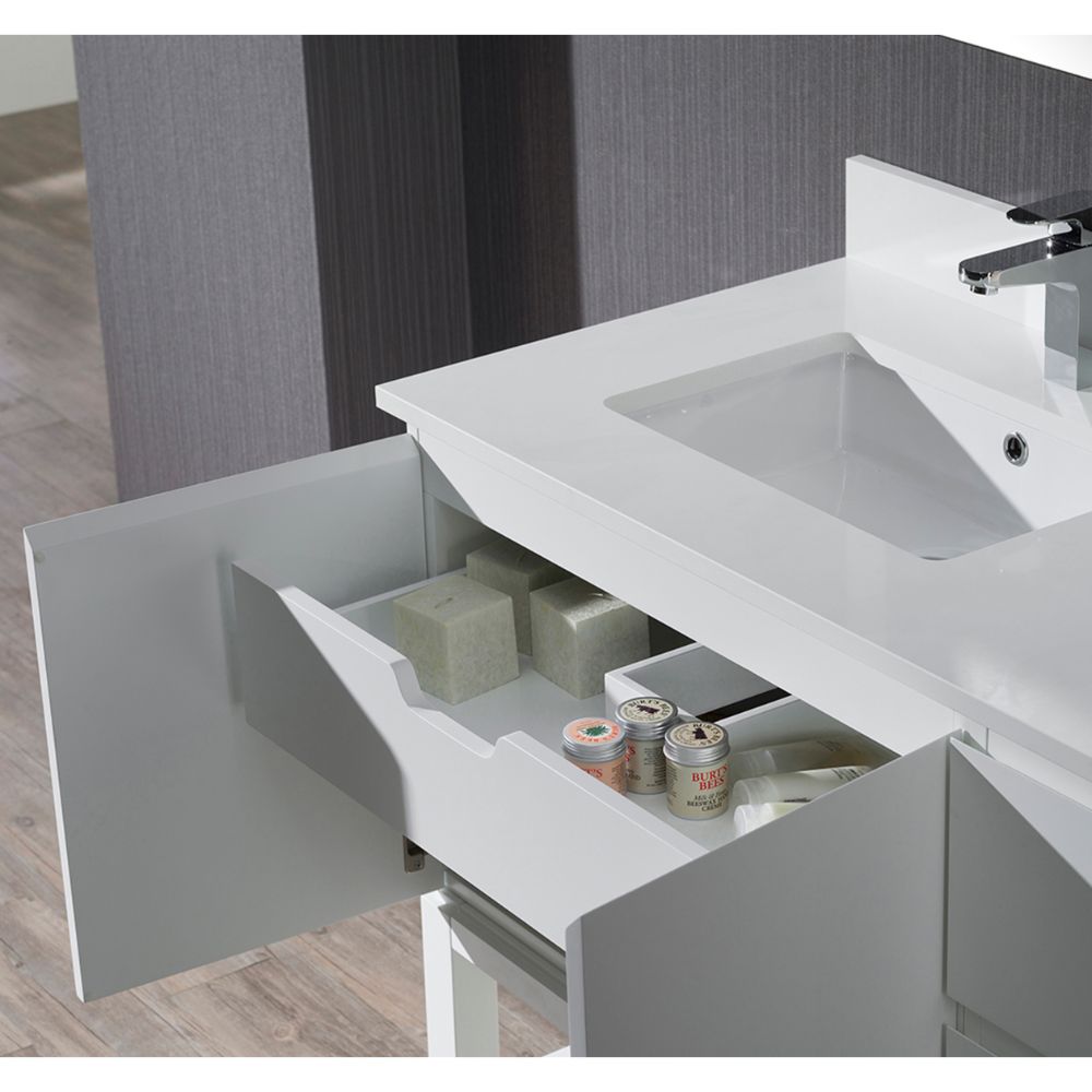 Monaco Modern 42" Matte White Left Bathroom Vanity Set with Mirror, Wall Cabinet and Wood Legs