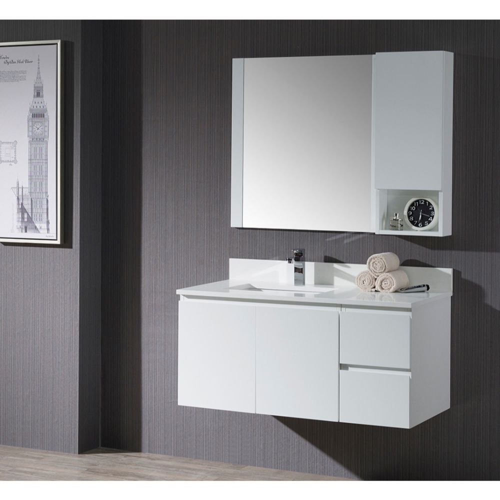 Monaco Modern 42" Matte White Wall Mount Left Bathroom Vanity Set with Mirror and Wall Cabinet