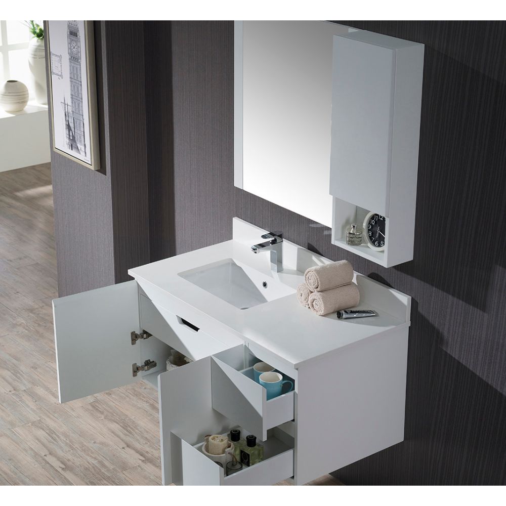 Monaco Modern 42" Matte White Wall Mount Left Bathroom Vanity Set with Mirror and Wall Cabinet