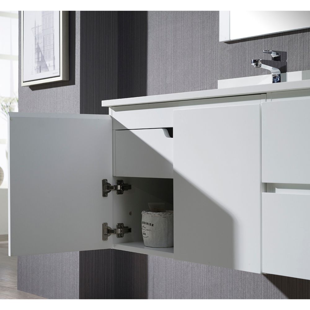Monaco Modern 42" Matte White Wall Mount Left Bathroom Vanity Set with Mirror and Wall Cabinet