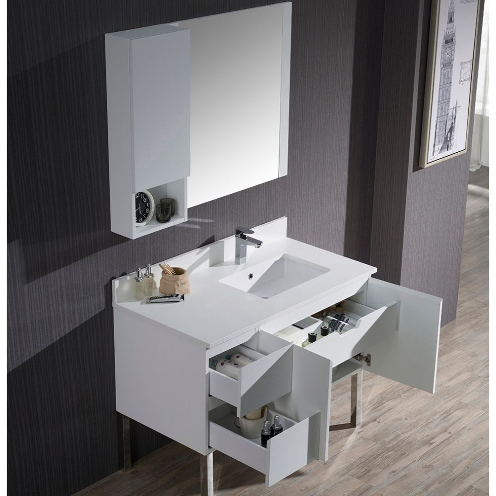 Monaco Modern 42" Matte White Right Bathroom Vanity Set with Mirror, Wall Cabinet and Chrome Legs