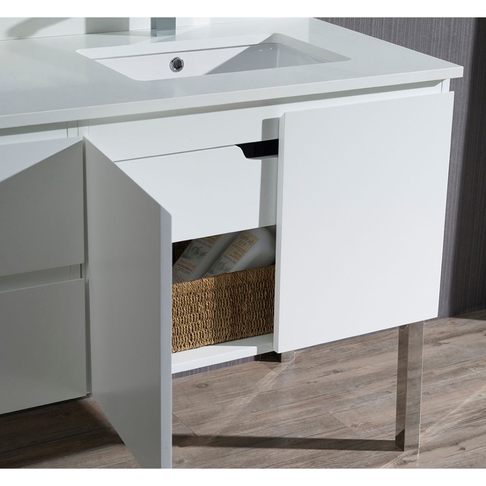 Monaco Modern 42" Matte White Right Bathroom Vanity Set with Mirror, Wall Cabinet and Chrome Legs