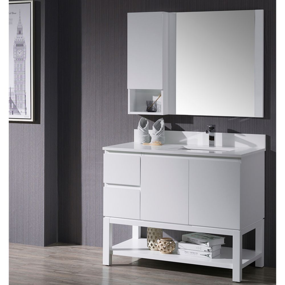 Monaco Modern 42" Matte White Right Bathroom Vanity Set with Mirror, Wall Cabinet and Wood Legs