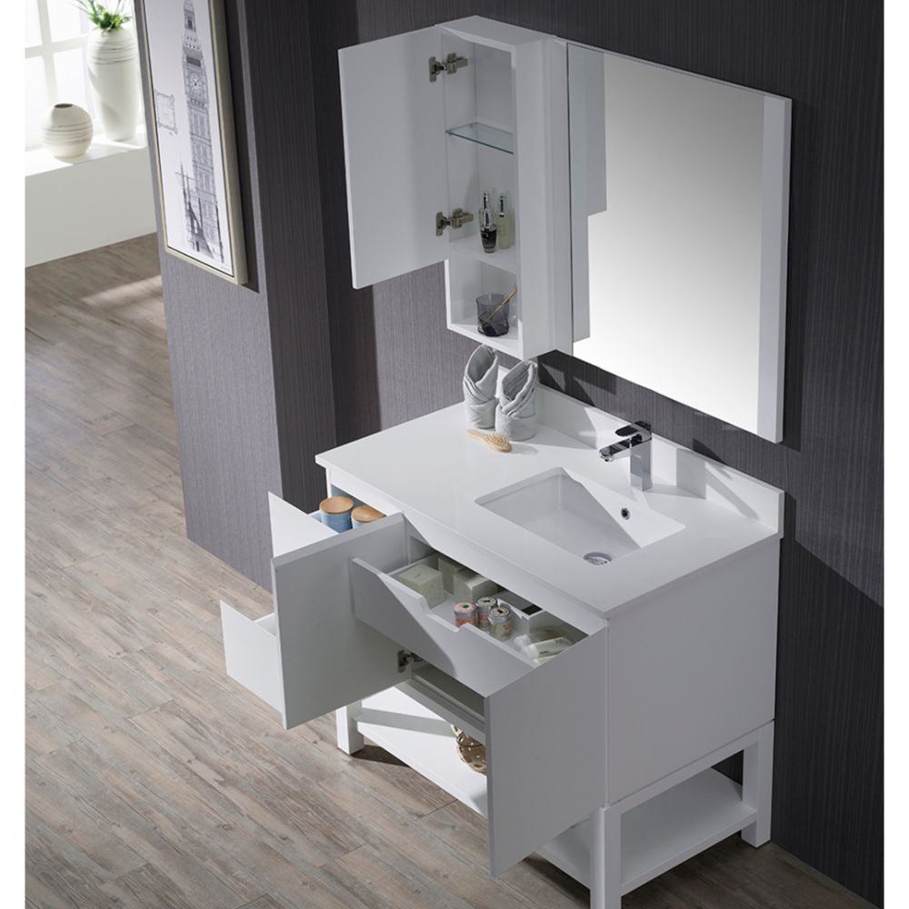 Monaco Modern 42" Matte White Right Bathroom Vanity Set with Mirror, Wall Cabinet and Wood Legs