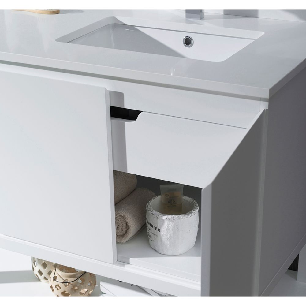 Monaco Modern 42" Matte White Right Bathroom Vanity Set with Mirror, Wall Cabinet and Wood Legs