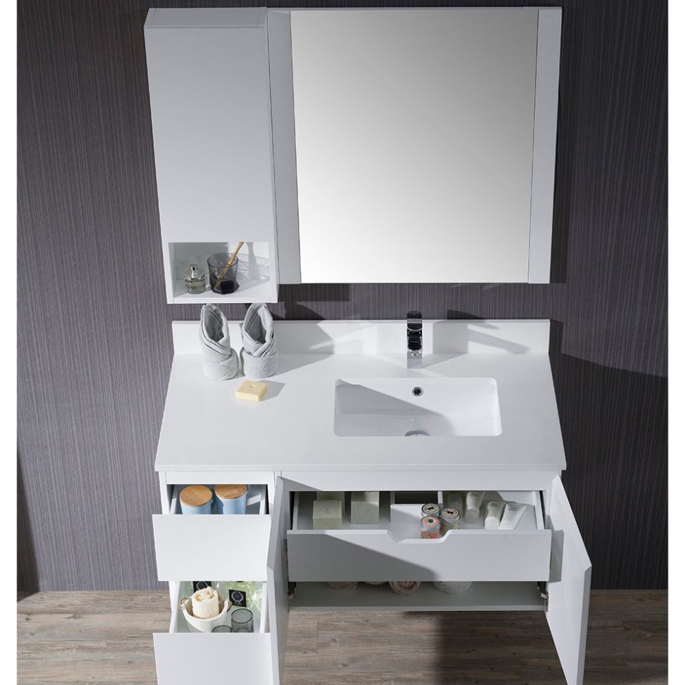 Monaco Modern 42" Matte White Wall Mount Right Bathroom Vanity Set with Mirror and Wall Cabinet