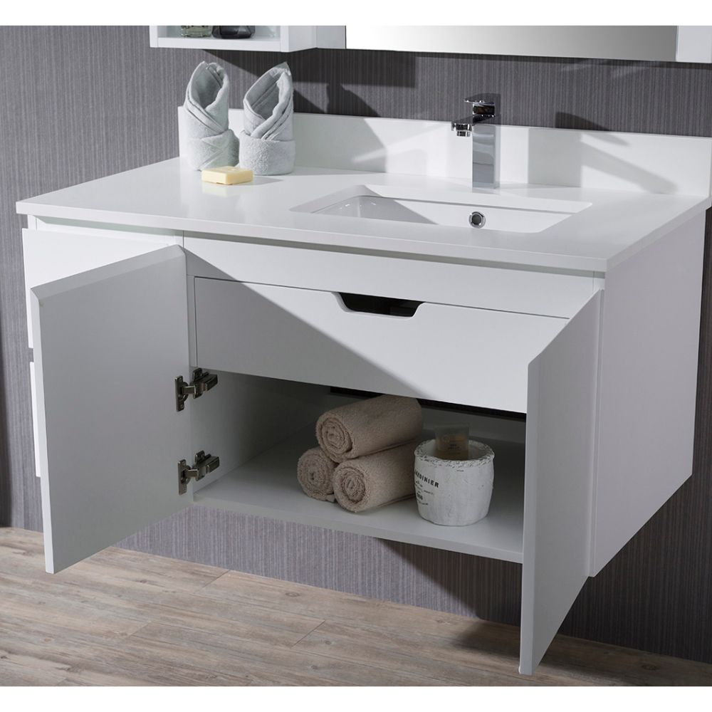 Monaco Modern 42" Matte White Wall Mount Right Bathroom Vanity Set with Mirror and Wall Cabinet