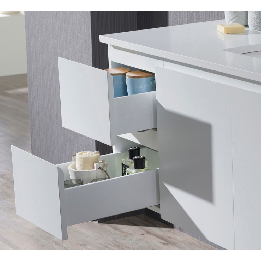 Monaco Modern 42" Matte White Wall Mount Right Bathroom Vanity Set with Mirror and Wall Cabinet