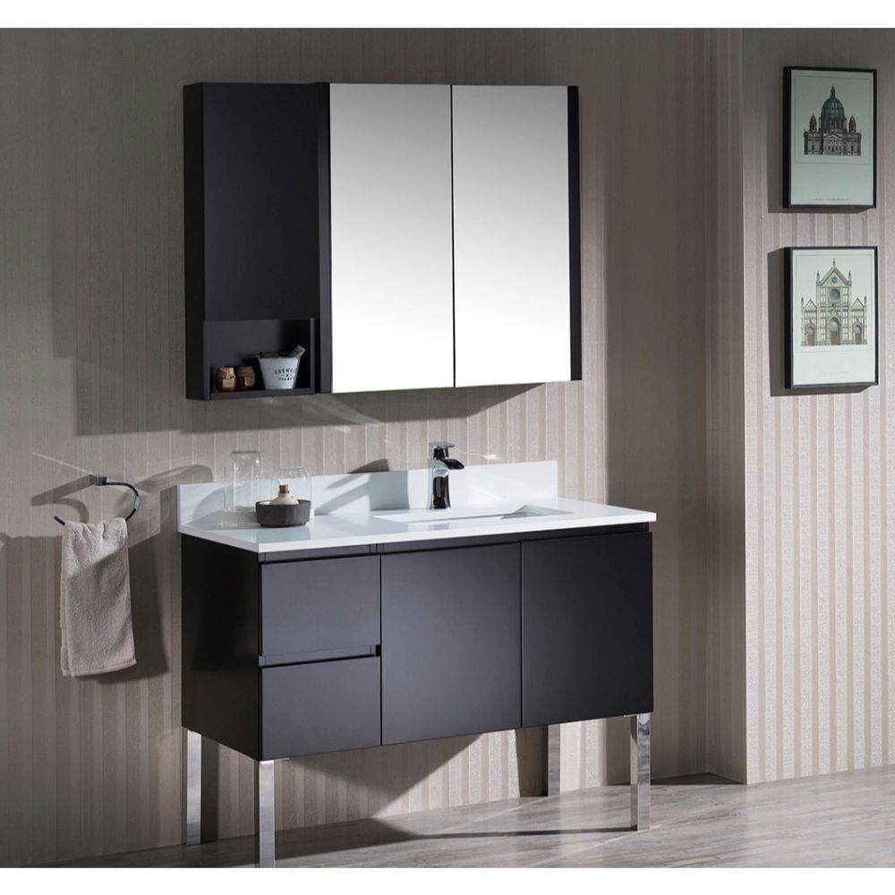 Monaco Modern 42" Espresso Right Bathroom Vanity Set with Mirror, Medicine & Wall Cabinet and Chrome Legs