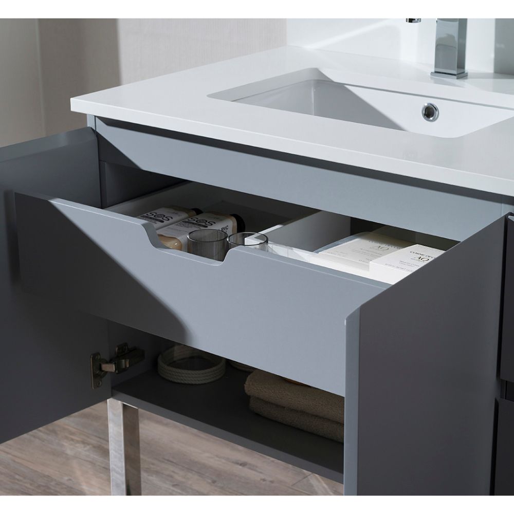 Monaco Modern 42" Metal Gray Left Bathroom Vanity Set with Mirror, Wall Cabinet and Chrome Legs