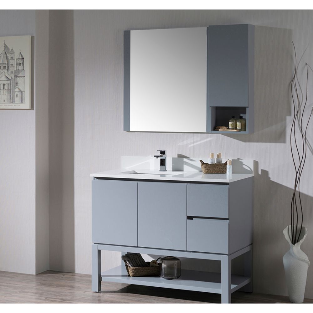 Monaco Modern 42" Metal Gray Left Bathroom Vanity Set with Mirror, Medicine & Wall Cabinet and Wood Legs