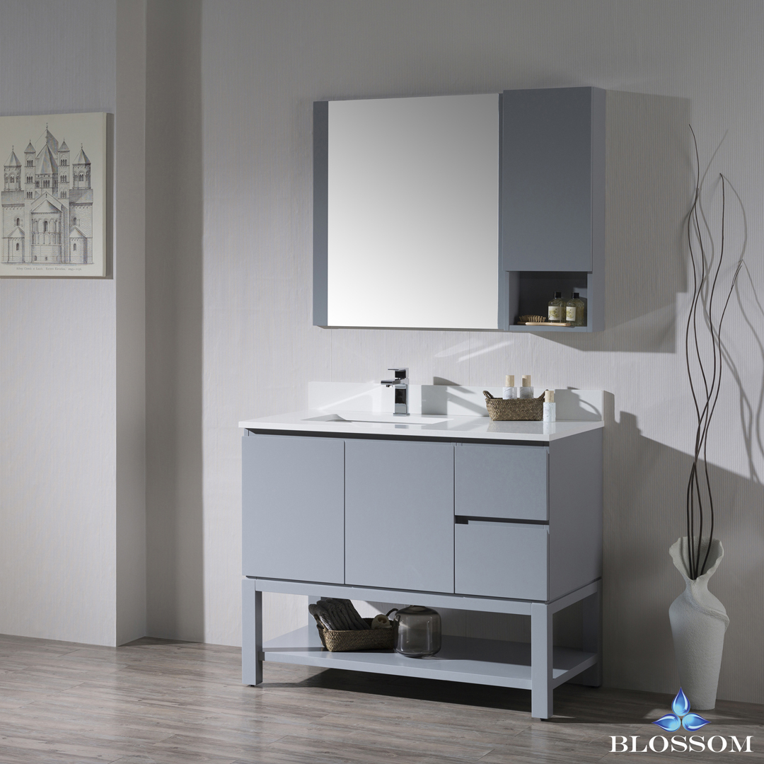 Monaco Modern 42" Metal Gray Left Bathroom Vanity Set with Mirror, Wall Cabinet and Wood Legs