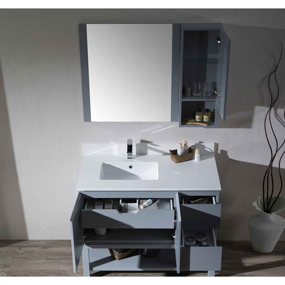 Monaco Modern 42" Metal Gray Left Bathroom Vanity Set with Mirror, Medicine & Wall Cabinet and Wood Legs