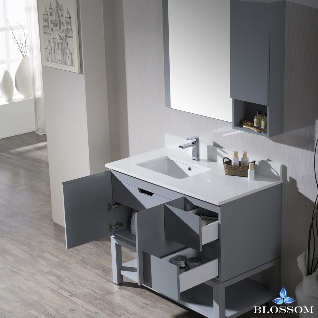 Monaco Modern 42" Metal Gray Left Bathroom Vanity Set with Mirror, Wall Cabinet and Wood Legs