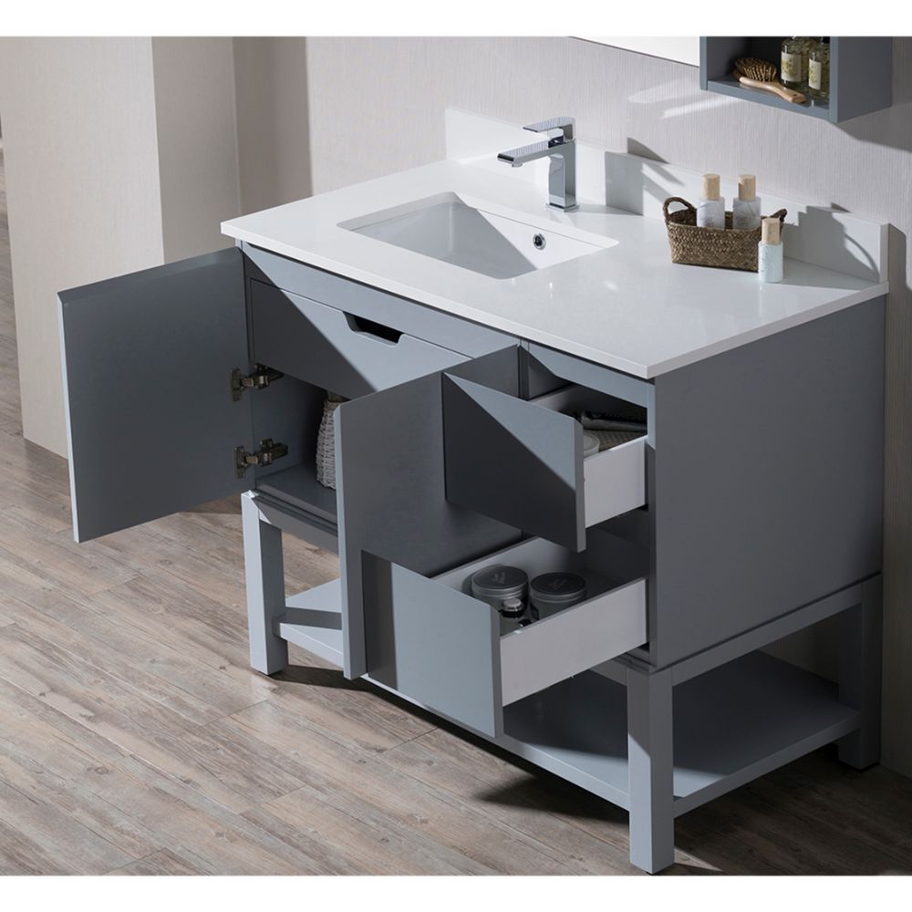 Monaco Modern 42" Metal Gray Left Bathroom Vanity Set with Mirror, Medicine & Wall Cabinet and Wood Legs