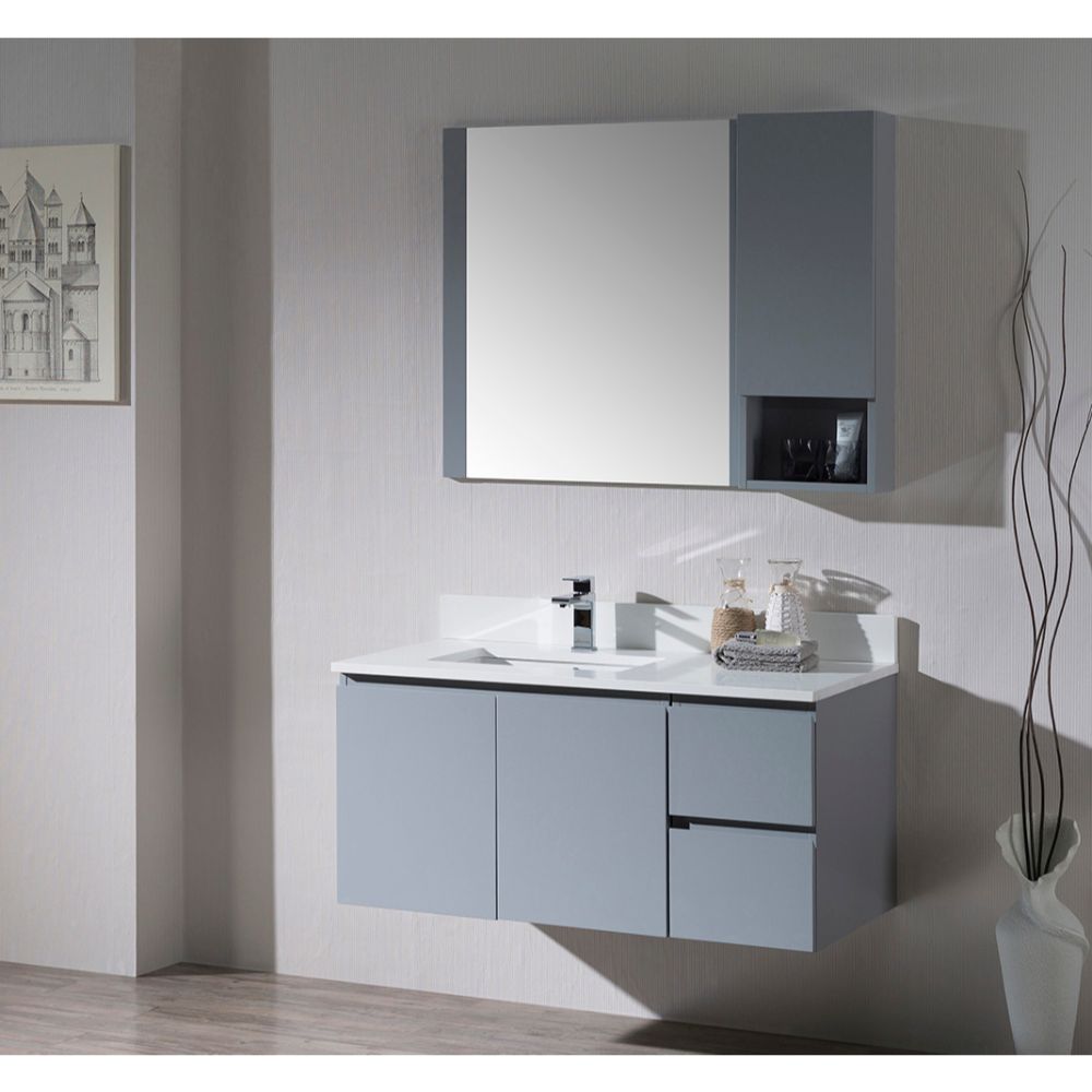 Monaco Modern 42" Metal Gray Wall Mount Left Bathroom Vanity Set with Mirror and Wall Cabinet