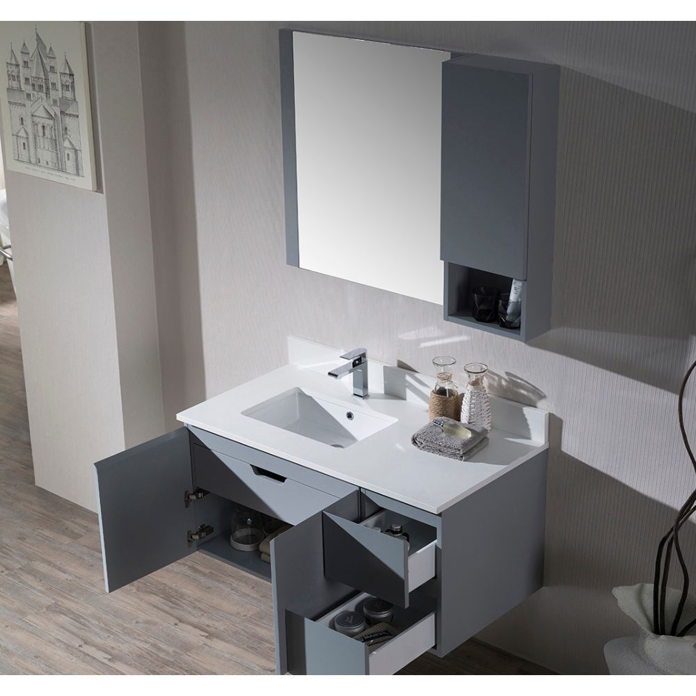 Monaco Modern 42" Metal Gray Wall Mount Left Bathroom Vanity Set with Mirror and Wall Cabinet