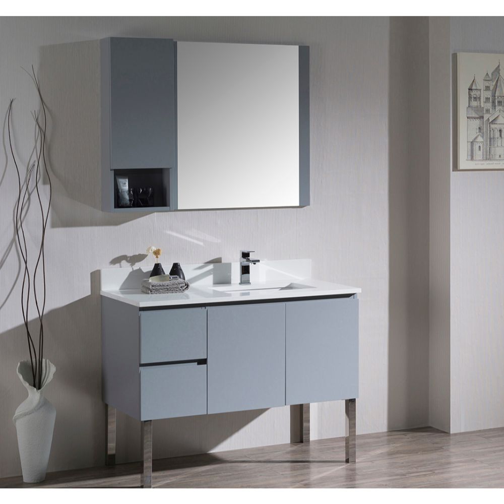 Monaco Modern 42" Metal Gray Right Bathroom Vanity Set with Mirror, Wall Cabinet and Chrome Legs