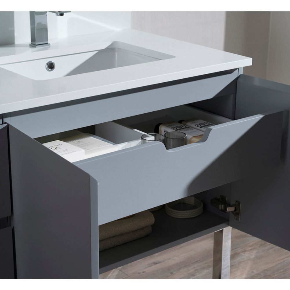 Monaco Modern 42" Metal Gray Right Bathroom Vanity Set with Mirror, Wall Cabinet and Chrome Legs