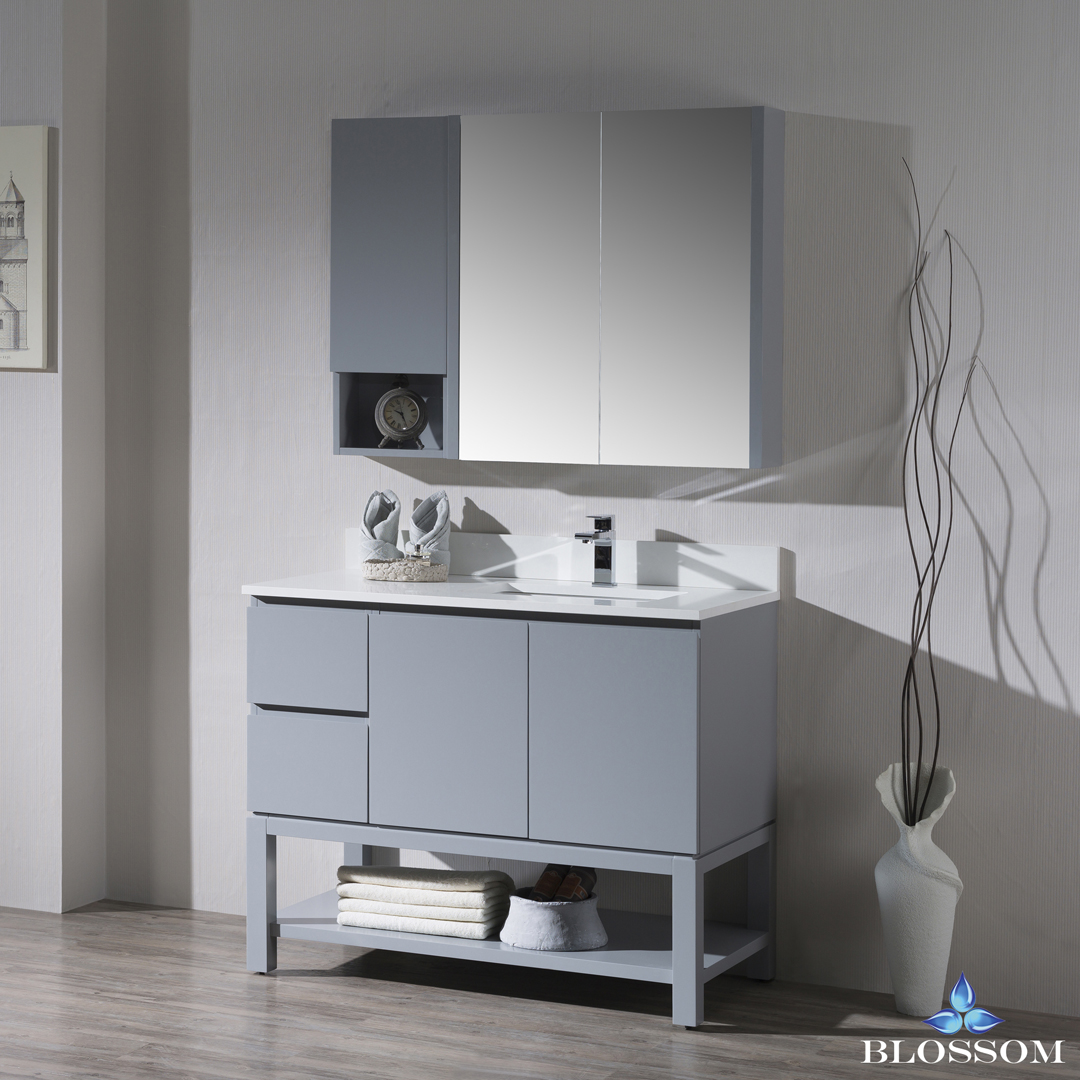 Monaco Modern 42" Metal Gray Right Bathroom Vanity Set with Mirror, Medicine & Wall Cabinet and Wood Legs
