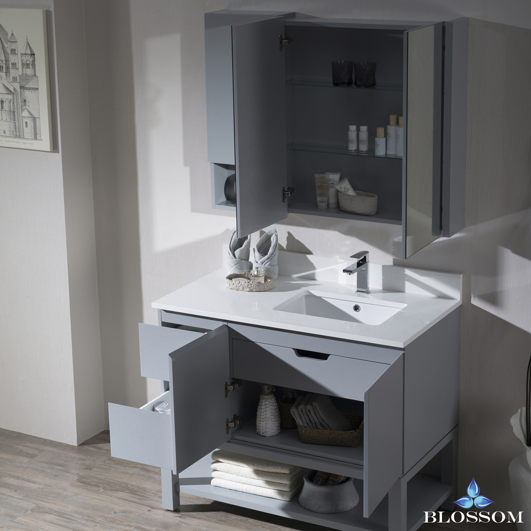 Monaco Modern 42" Metal Gray Right Bathroom Vanity Set with Mirror, Medicine & Wall Cabinet and Wood Legs