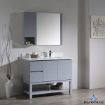Monaco Modern 42″ Metal Gray Right Bathroom Vanity Set with Mirror, Wall Cabinet and Wood Legs